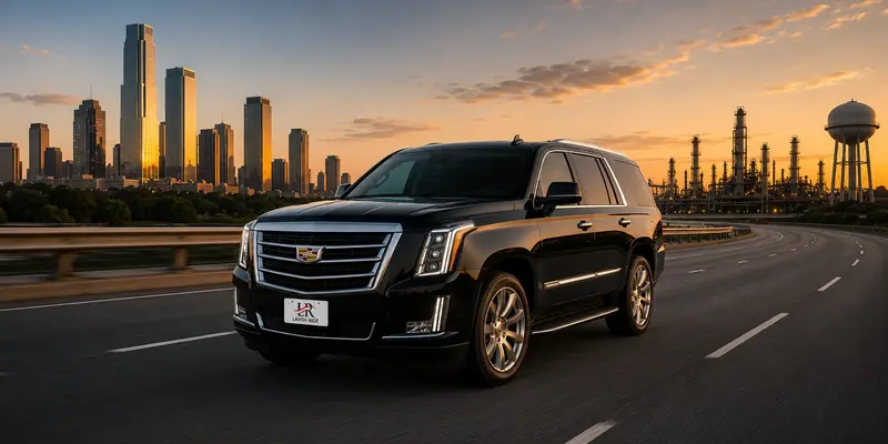 Houston to Beaumont route snapshot graphic featuring a Cadillac Escalade SUV with Lavish Ride branding, showcasing private transportation along Interstate 10 with travel distance, drive time, and luxury intercity travel between Houston and Southeast Texas.